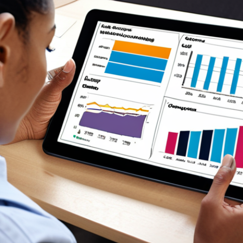 Home 4 **A modern career counselor using a digital tablet to analyze job market trends with charts and graphs. The scene should emphasize digital literacy and data analysis in career counseling, with a diverse group of students in the background.**