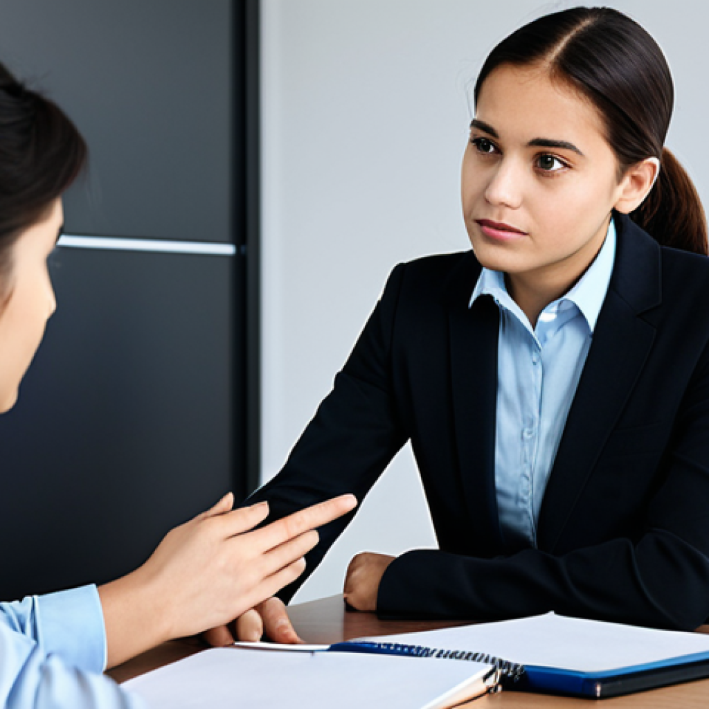 **

A qualified career counselor, fully clothed in professional attire, advising a young student in a modern office setting. The student is listening attentively.  The scene emphasizes guidance and support.  Safe for work, appropriate content, perfect anatomy, correct proportions, well-formed hands, proper finger count, natural body proportions, professional, modest, family-friendly.

**
