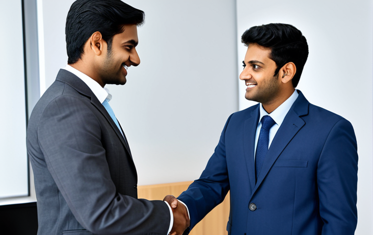 **Prompt:** A young Indian professional man in a modern office setting, wearing a fully clothed, modest business suit, shaking hands with a career advisor. The advisor is also fully clothed in professional attire. Focus on a positive and encouraging interaction.  Safe for work, appropriate content, professional, perfect anatomy, correct proportions, natural pose, well-formed hands, proper finger count, natural body proportions, high quality.
