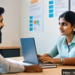 직업상담사와 성인학습 지도 - A professional Indian career counselor sitting in a modern office with a laptop open, attentively li...