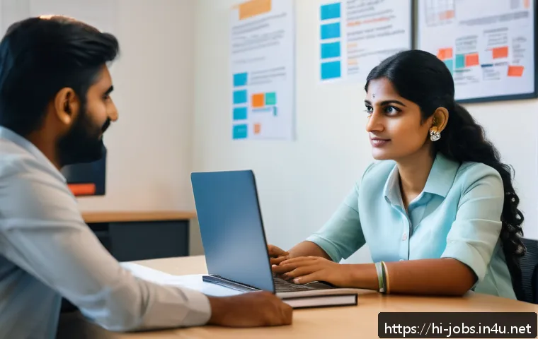 직업상담사와 성인학습 지도 - A professional Indian career counselor sitting in a modern office with a laptop open, attentively li...