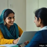 직업상담사 직무 분석 스킬 - A professional career counselor attentively listening to a young Hindi-speaking client in a modern, ...