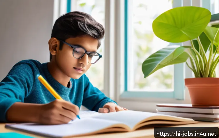 직업상담사 필기시험 준비 노하우 - A focused Indian student studying at a desk with neatly organized textbooks and notes in Devanagari ...